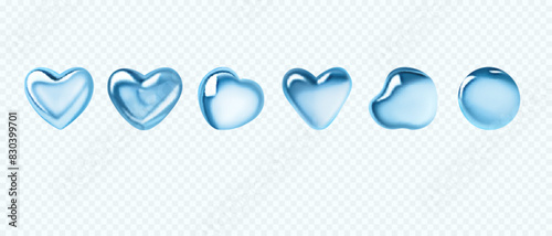 Set of 3D liquid elements in top view. Vector illustration of heart shaped and abstract water drops isolated on transparent backdrop