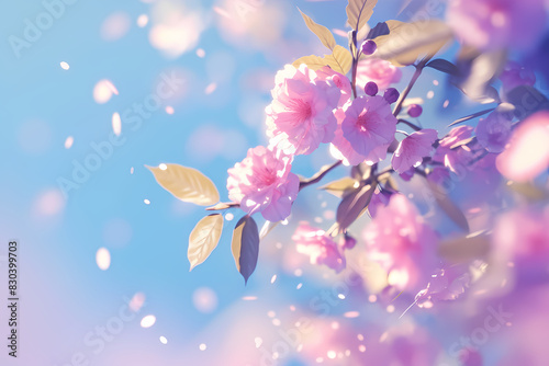 Cherry blossom in spring. Beautiful nature scene with blooming tree in sunny morning. Spring flowers and bright blue sky. Background for card or banner with copy space