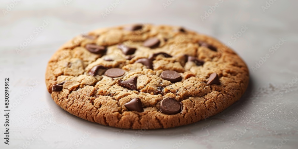 Deliciously baked chocolate chip cookie displayed on a smooth, light-colored surface highlighting its golden-brown texture and mouthwatering chocolate chips Deliciously baked chocolate chip cookie displayed on a smooth, light-colored surface highlighting its golden-brown texture and mouthwatering chocolate chips