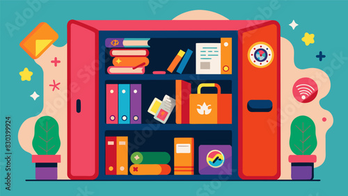 An artsy students cubby hole adorned with personalized stickers and handdrawn labels showcasing their unique style and creativity.. Vector illustration