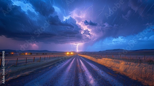 Spectacular rural road scene at night with a dramatic thunderstorm and vivid lightning strike illuminating dark storm clouds in the sky photo
