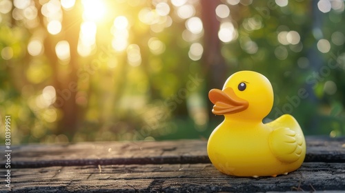 Rubber yellow duck on wooden surface against a nature backdrop photo