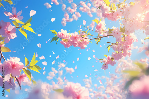 Cherry blossom in spring. Beautiful nature scene with blooming tree in sunny morning. Spring flowers and bright blue sky. Background for card or banner with copy space