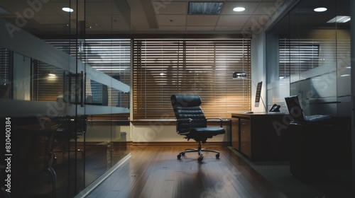 A modern  sleek office workspace with a leather chair  wooden blinds  and ambient lighting  showcasing a professional and contemporary office environment