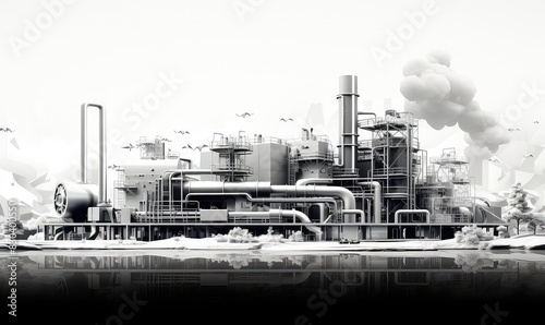 Recycling facility layout, flat design, side view, sustainable infrastructure theme, animation, black and white © NeeArtwork