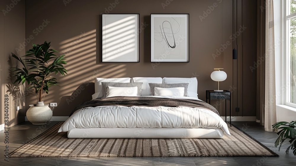 Bedroom with brown paint, paintings on the walls. Yellow bedroom lamp and white bed. Bedroom with brown paint, paintings on the walls. Yellow bedroom lamp and white bed.