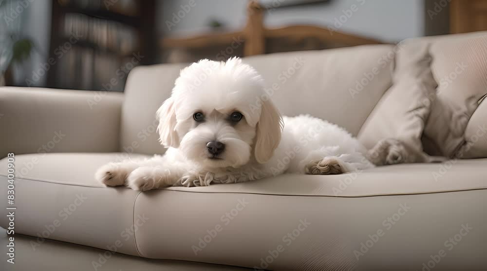 A Bichon Fries dog on top of the sofa A Bichon Fries dog on top of the sofa
