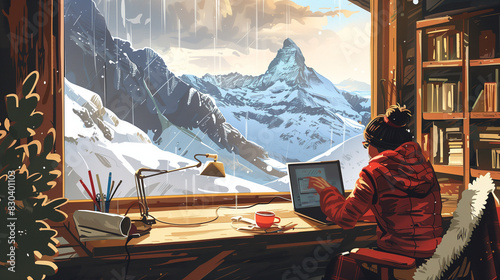 Freelance digital nomad working on a laptop from a mountain cabin, cozy interior, panoramic views of mountains and valleys.