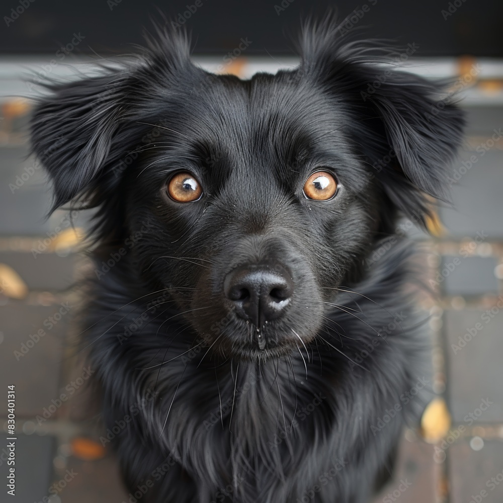 An adorable black dog with shiny fur and expressive brown eyes staring intently into the camera with a background of a tiled pavement scattered with a few leaves An adorable black dog with shiny fur and expressive brown eyes staring intently into the camera with a background of a tiled pavement scattered with a few leaves