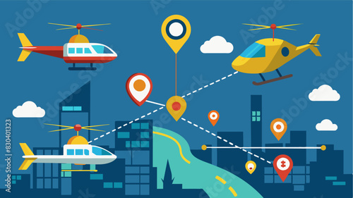 Advanced tracking technology monitors the location and progress of each air taxi ensuring efficient routing and delivery.. Vector illustration