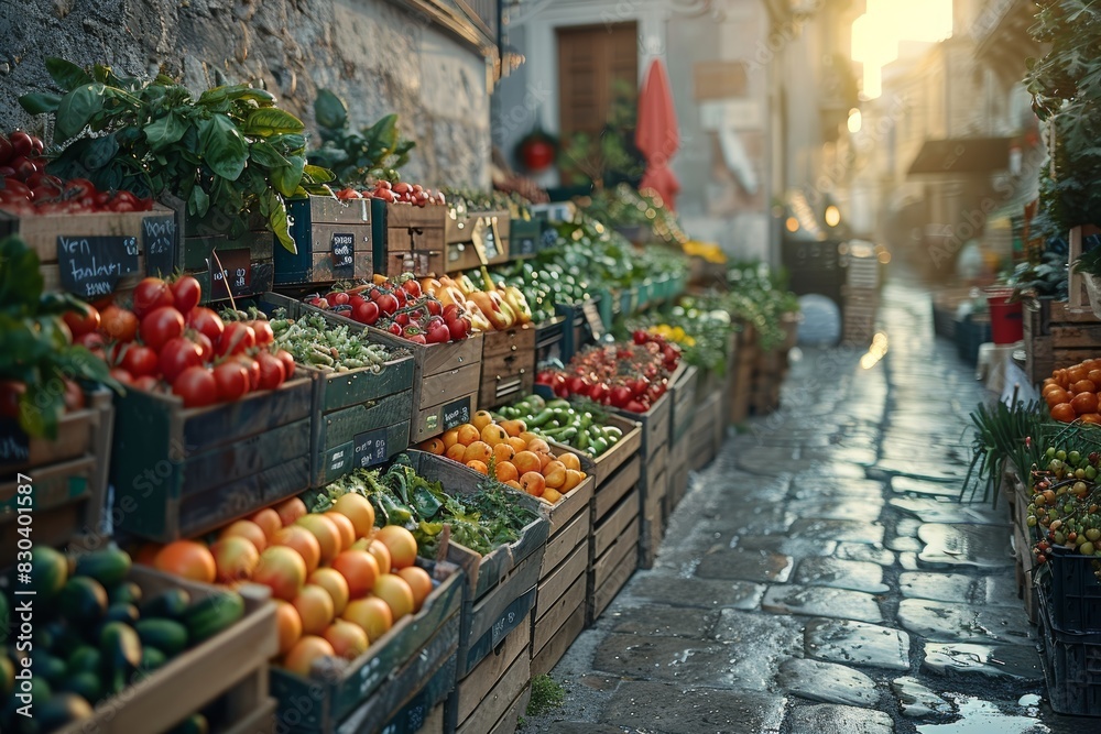 A serene and picturesque morning in a European village market with vibrant arrays of fresh fruits and vegetables neatly arranged in wooden crates along a cobblestone street A serene and picturesque morning in a European village market with vibrant arrays of fresh fruits and vegetables neatly arranged in wooden crates along a cobblestone street