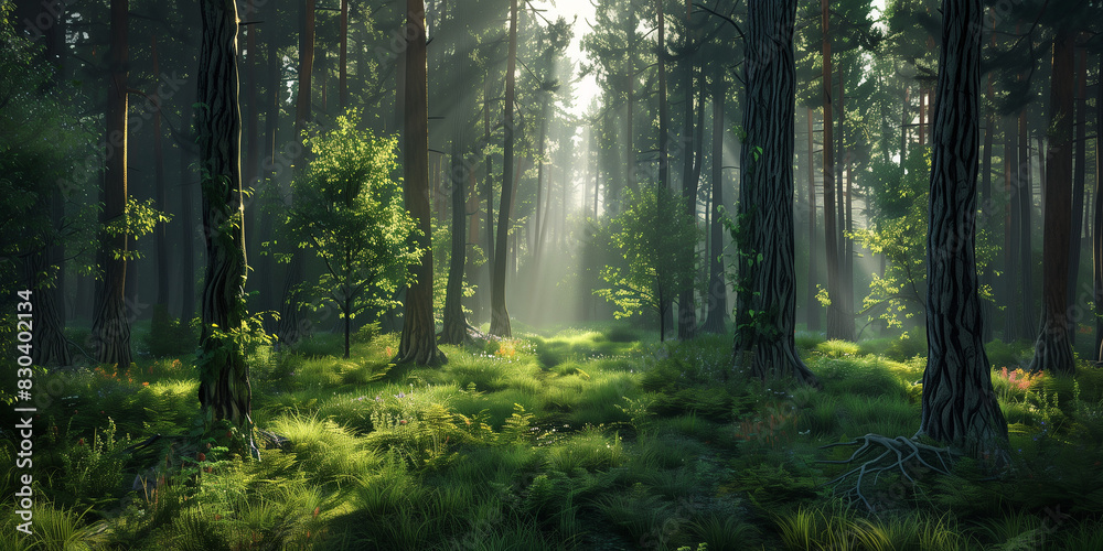 Obraz premium A dense pine forest with tall trees, sunlight filtering through the branches, and an opening showing grassy ground.