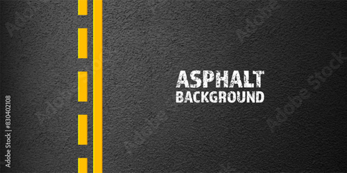 Asphalt road with yellow lane marking, concrete highway surface, texture. Street traffic line, road dividing strip. Pattern with grainy structure, grunge stone background. Vector illustration