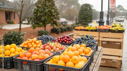 Fototapeta Naklejka Na Ścianę i Meble -  Vibrant outdoor market stall displaying a wide variety of fresh fruits including oranges, apples, and grapes on a foggy morning