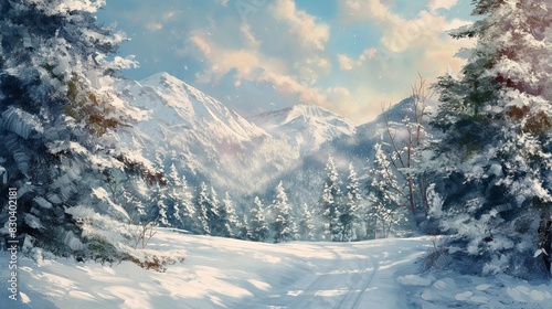 Winter Landscape Holiday Card, Snowy Trees, Snow Covered Terrain 3D render of a enchanting snowy winter landscape with a grey sky photo