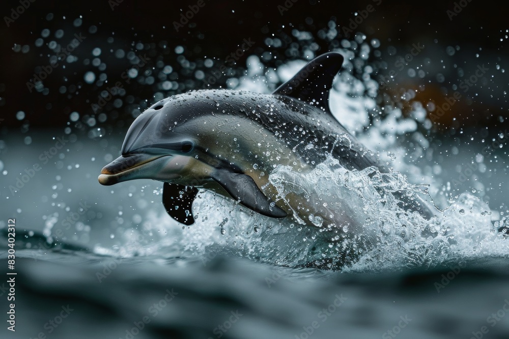 A dynamic and captivating image of a dolphin gracefully swimming through the ocean waves, showcasing its agility and beauty in the natural aquatic environment