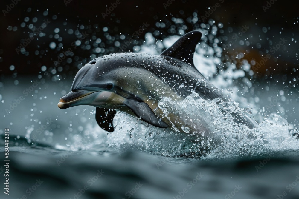 Fototapeta premium A dynamic and captivating image of a dolphin gracefully swimming through the ocean waves, showcasing its agility and beauty in the natural aquatic environment
