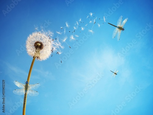 dandelion flower white with dragonflies blue sky insects blue