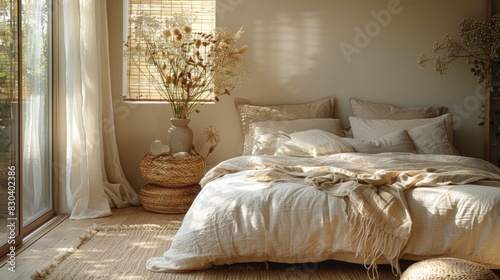 minimalist interior design, a serene minimalist bedroom adorned with a variety of dried flowers in soft tones, perfect for unwinding and relaxing at the end of a busy day photo