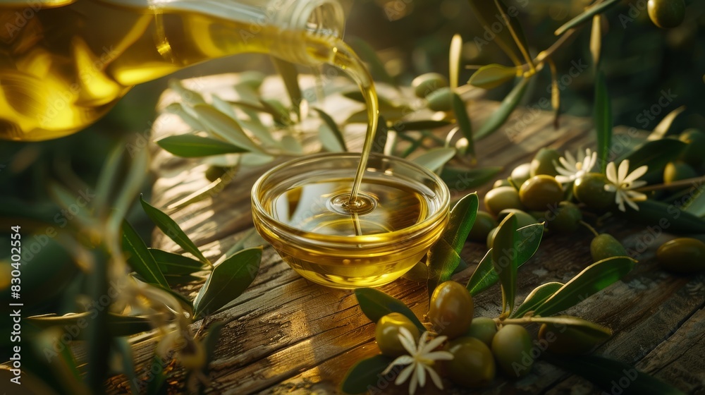 Pouring Olive Oil into Glass Bowl with Fresh Olives Pouring Olive Oil into Glass Bowl with Fresh Olives