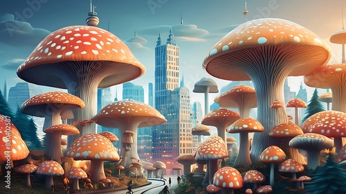 Miniature City Embraced by Giant Mushrooms