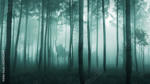 A forest of tall trees in the fog  white background