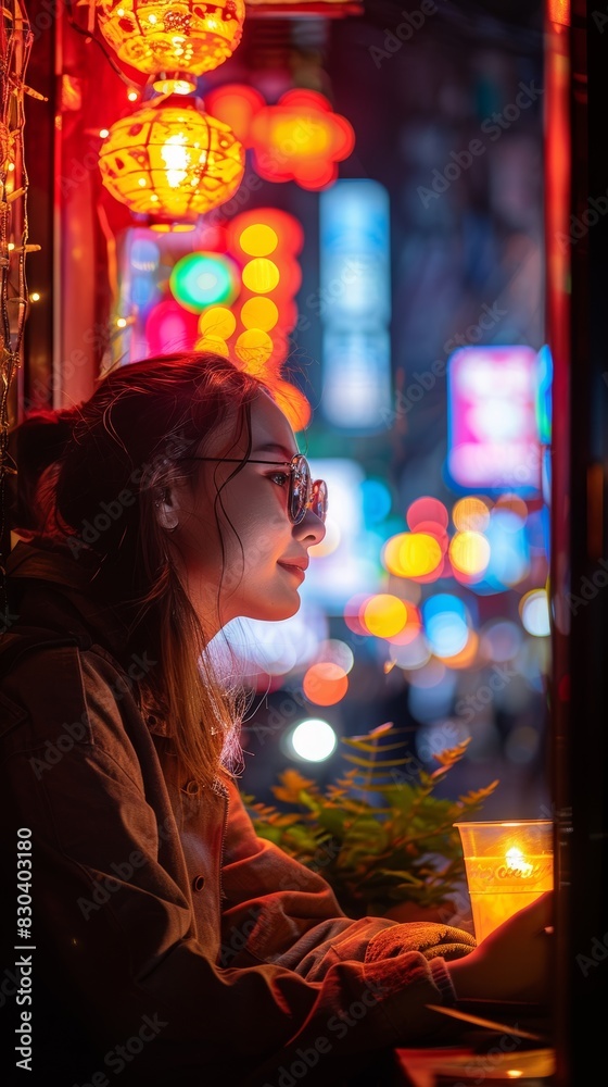 A young woman wearing sunglasses sits in a dimly lit cafe at night, with vibrant, colorful neon lights of the city contrasting in the background A young woman wearing sunglasses sits in a dimly lit cafe at night, with vibrant, colorful neon lights of the city contrasting in the background