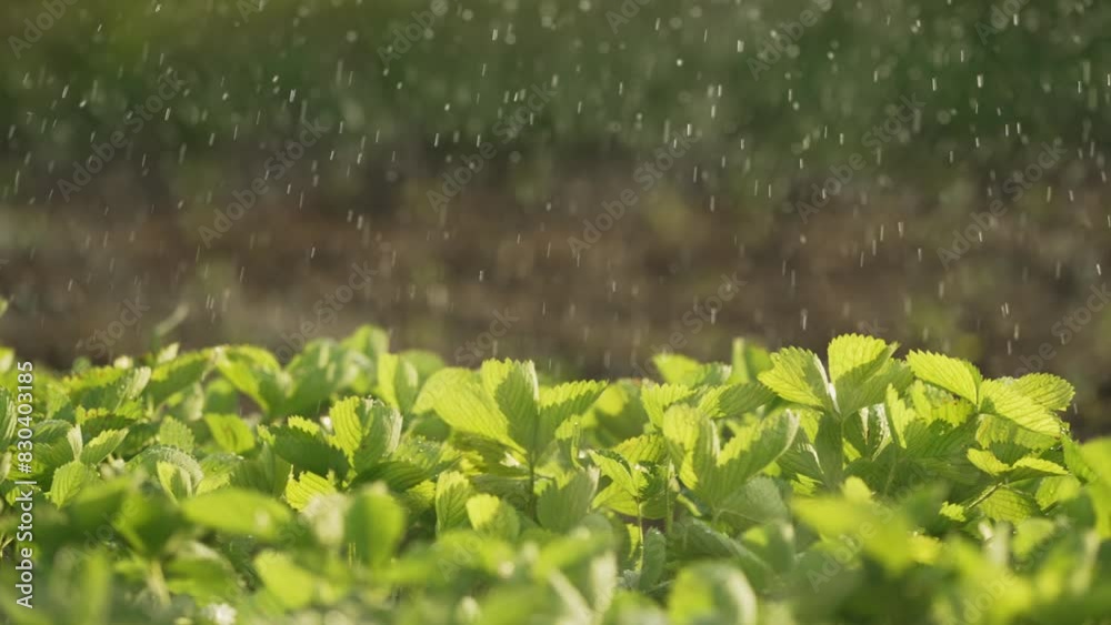 Watering Strawberry Plants Growing In Home Garden. Fresh Leaves, Plantation