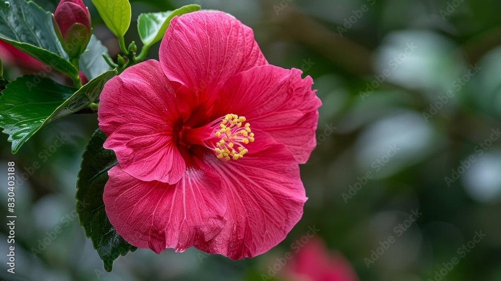 Obraz premium A vibrant close-up of a single pink hibiscus flower with rich texture and details, showcasing the stunning natural beauty of its vivid petals and intricate stamen