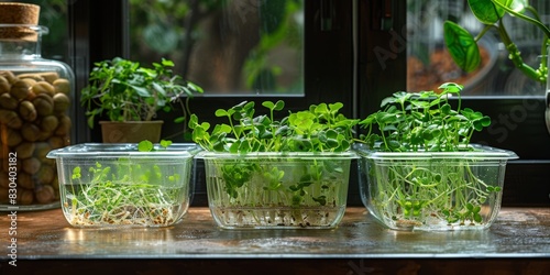 Indoor garden setup featuring three transparent containers filled with various microgreens placed on a wooden windowsill, illuminated by natural sunlight