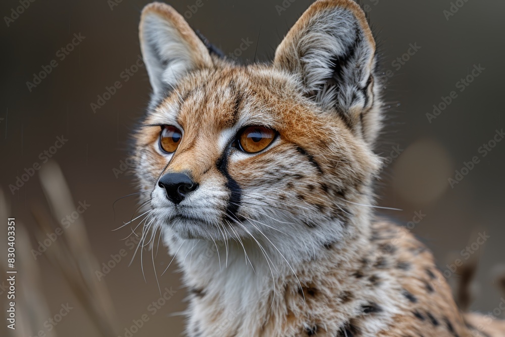 Fototapeta premium Close-up photograph of a captivating serval cat in natural habitat, showcasing its distinctively spotted fur, large ears, and mesmerizing golden eyes