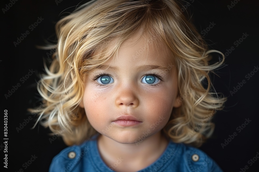 A close-up portrait of a young child with striking blue eyes and curly blonde hair in a contemplative gaze against a dark background A close-up portrait of a young child with striking blue eyes and curly blonde hair in a contemplative gaze against a dark background