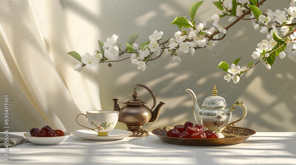 about Ramadan Kareem greeting card, invitation. Ornamental tea, coffee cup, bronze plate with dates fruit, white blooming prunus tree branch on white table. Iftar dinner. Eid ul Adha banner background