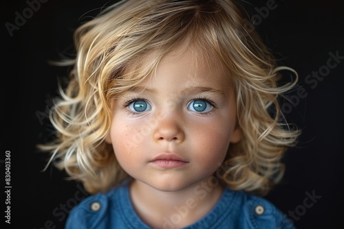 A close-up portrait of a young child with striking blue eyes and curly blonde hair in a contemplative gaze against a dark background