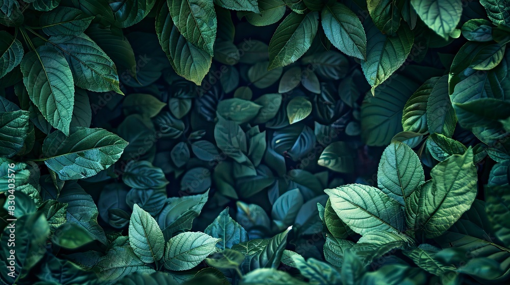 A close up of green leaves with a dark background A close up of green leaves with a dark background