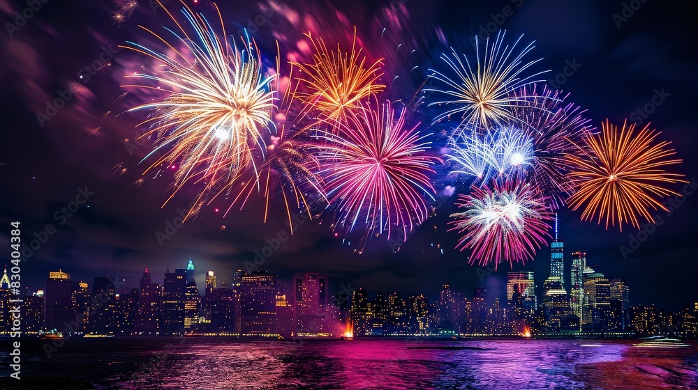 Obraz premium A breathtaking display of colorful fireworks illuminating the night sky over a vibrant city skyline, celebrating a festive event.
