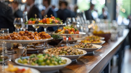 Elegant buffet table set with a vast array of food including salads, breads, and various appetizers at a formal event, catering to a diverse crowd in a well-lit venue