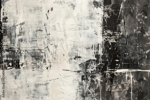 Abstract black and white painting with textured strokes.