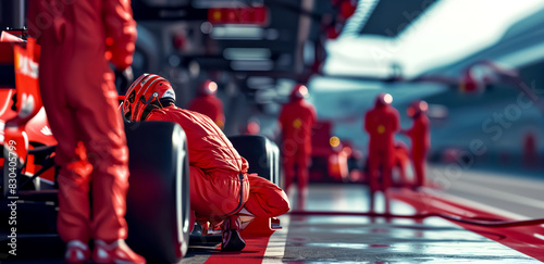 Formula One Race Car Pit Stop with Crew in Red Jumpsuits, Competition and Teamwork Concept	
