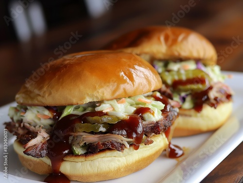 Two sandwiches with coleslaw and barbecue sauce on a white plate. The sandwiches are placed next to each other