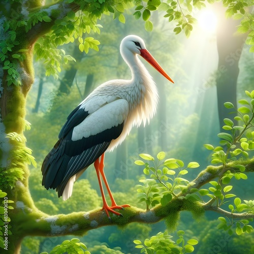 white stork ciconia, A beautiful stork sitting on the branch of lush green tree