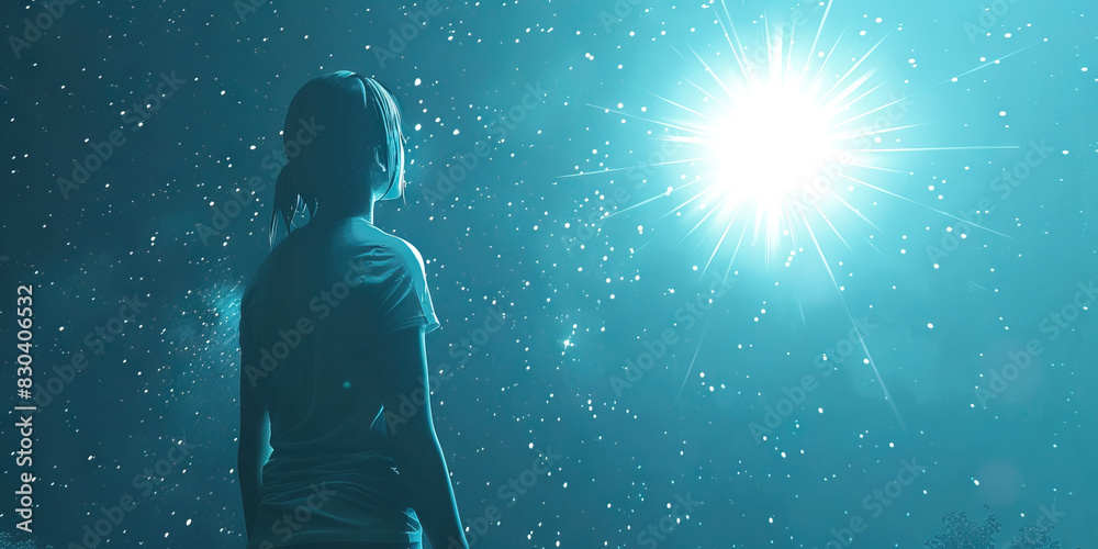 Hope Rising: A figure gazing upward at a radiant star, their face filled with inspiring determination. Hope Rising: A figure gazing upward at a radiant star, their face filled with inspiring determination.