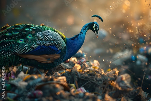 a peacock is in a pile of rubbish