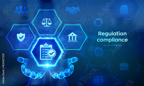Regulation Compliance financial control internet technology concept on virtual screen. Compliance rules icon in wireframe hands. Reg Tech. Law regulation policy. Vector illustration.
