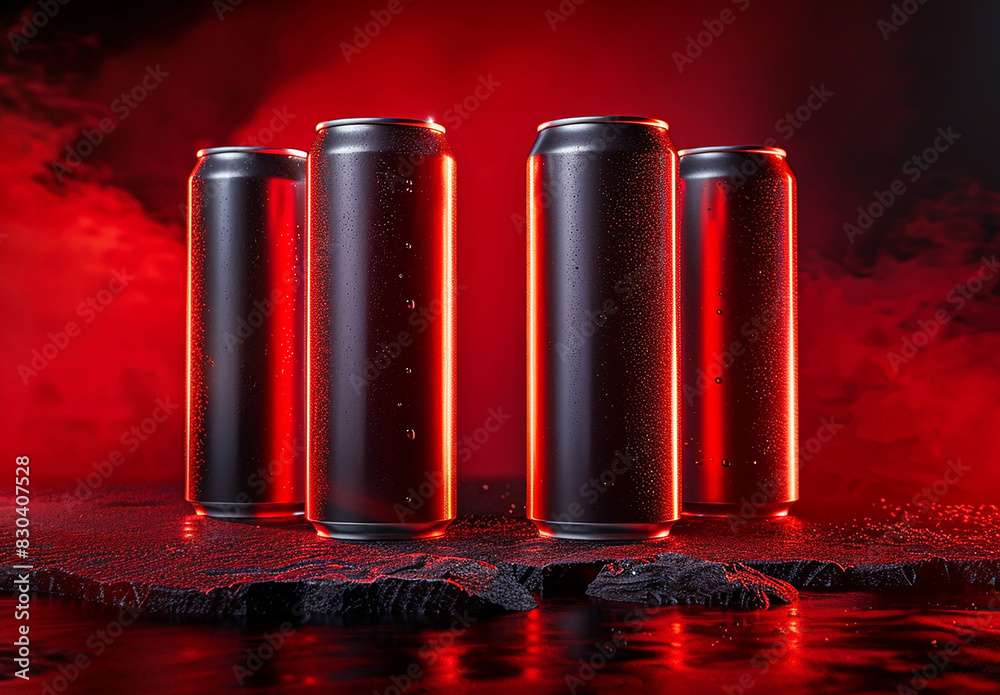 Photo of aluminum red , black soda can , soft drinks , energy drink cans , beer cans 3D rendering Photo of aluminum red , black soda can , soft drinks , energy drink cans , beer cans 3D rendering