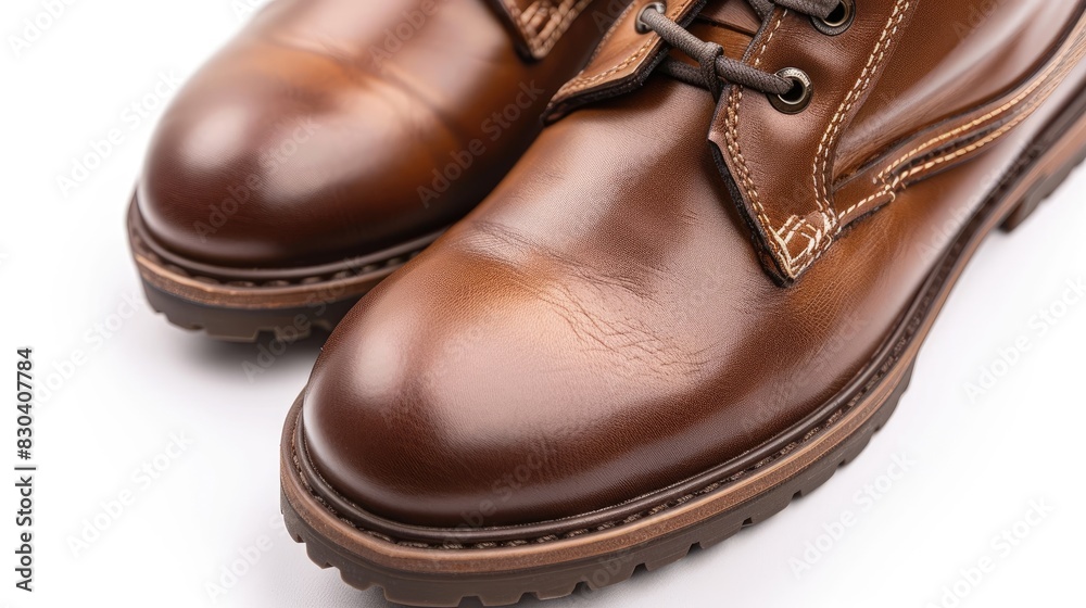 Close up image of men s leather shoes with laces on a white background Close up image of men s leather shoes with laces on a white background