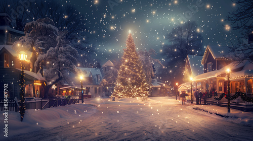 An enchanting winter night in a small town, with fresh snow covering cobblestone streets and quaint houses adorned with twinkling lights. In the center, a large, beautifully decorated Christmas tree s photo