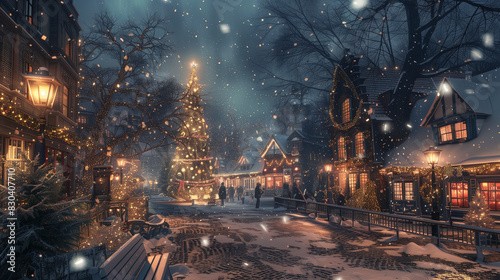 An enchanting winter night in a small town, with fresh snow covering cobblestone streets and quaint houses adorned with twinkling lights. In the center, a large, beautifully decorated Christmas tree s
