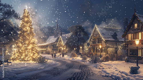 An enchanting winter night in a small town, with fresh snow covering cobblestone streets and quaint houses adorned with twinkling lights. In the center, a large, beautifully decorated Christmas tree s