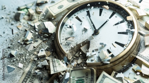 Broken clock with shattered dollar signs in the background, isolated, white background, copy space